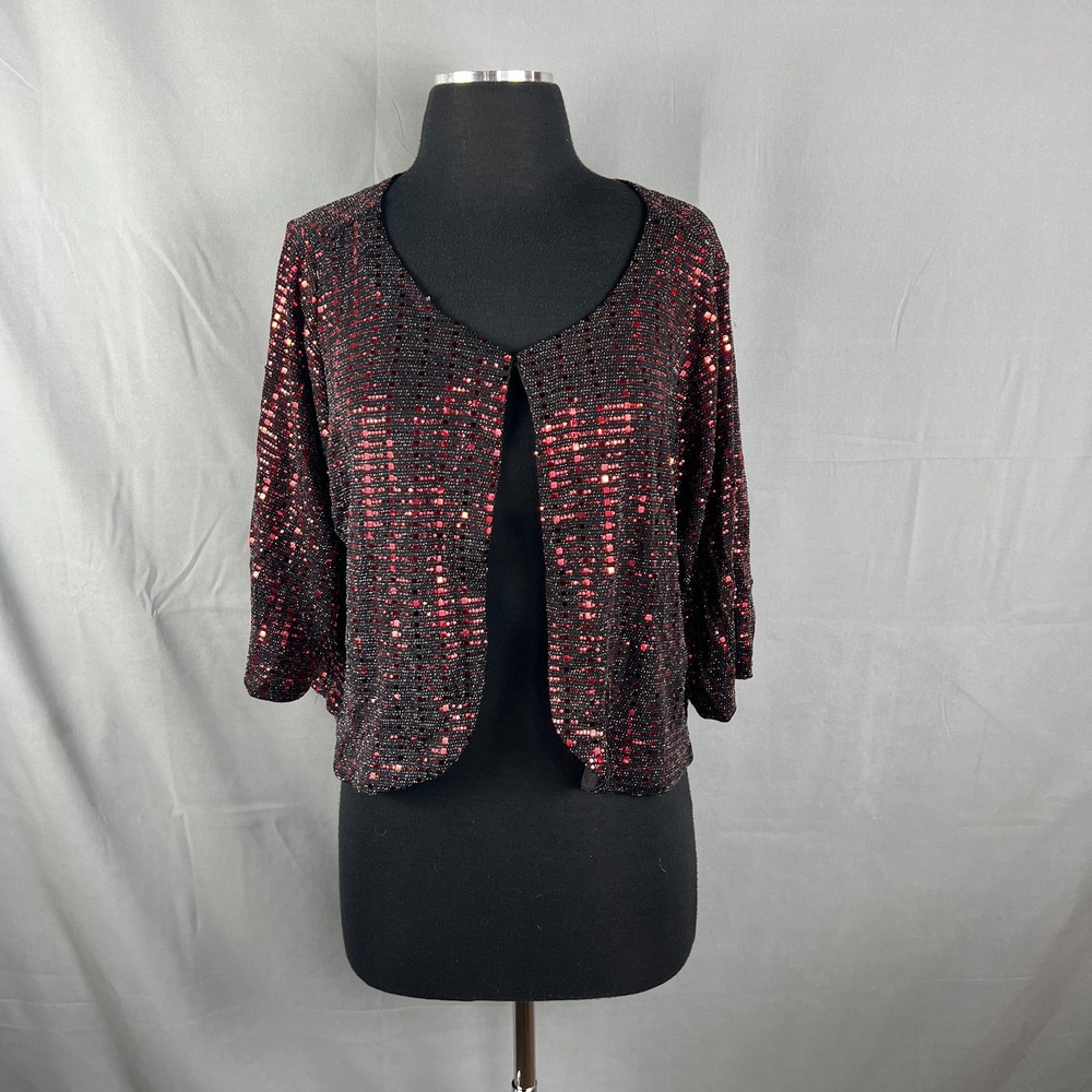 Park & Main Cropped Jacket Womens 1X Red Black Sequin Shrug Bolero Open Front